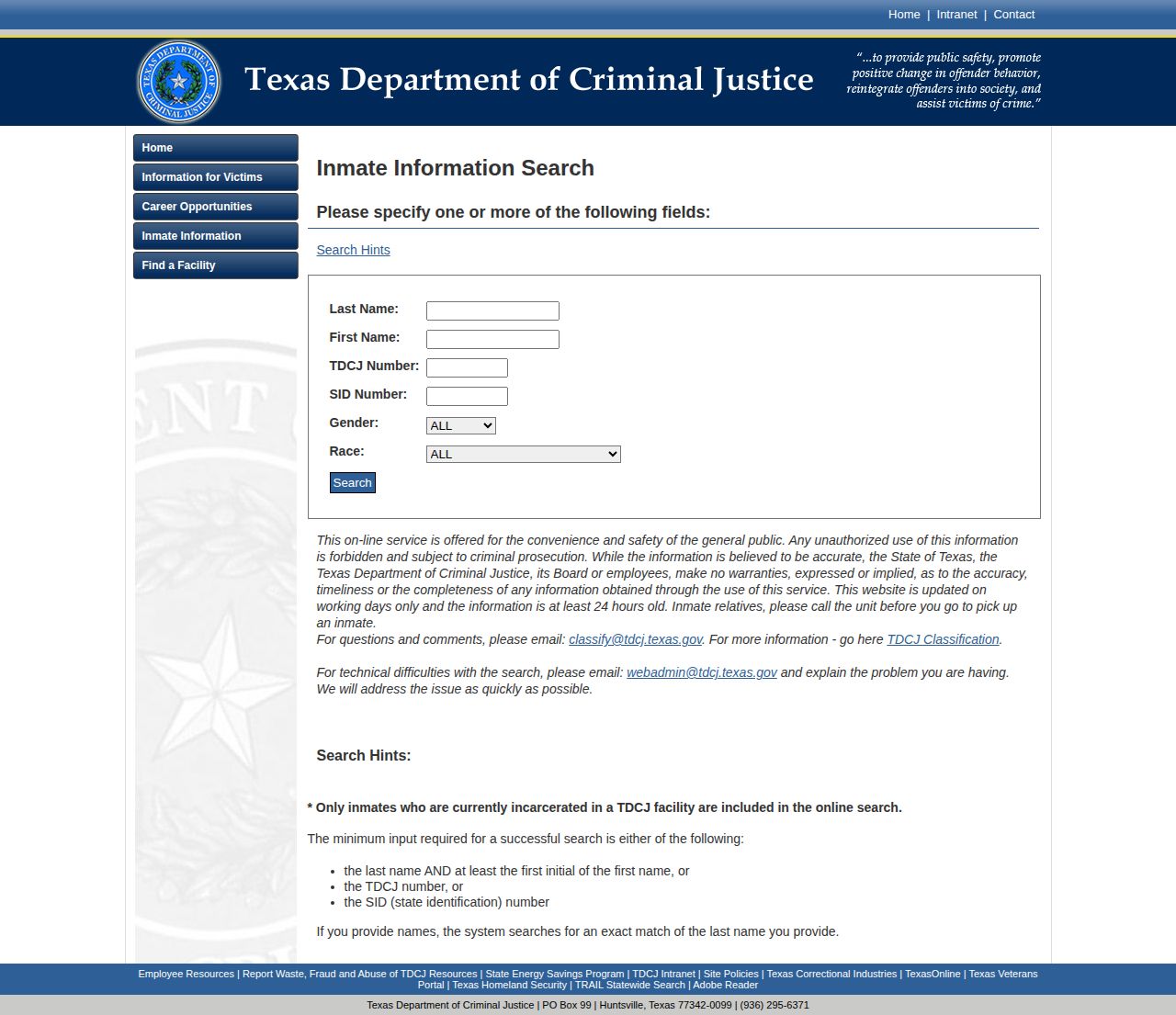 TDCJ current inmate search fields for Montague County release lookup